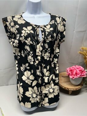 The Limited Black Blouse with Cream Floral Print and Tie Keyhole